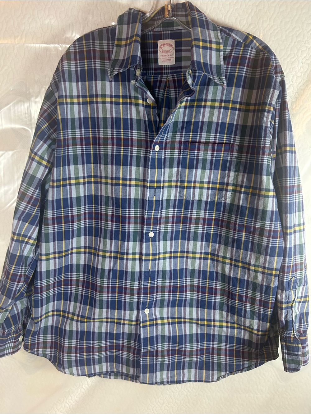 Brooks Brothers Blue Plaid Button-Down Shirt with Green & Yellow Accents